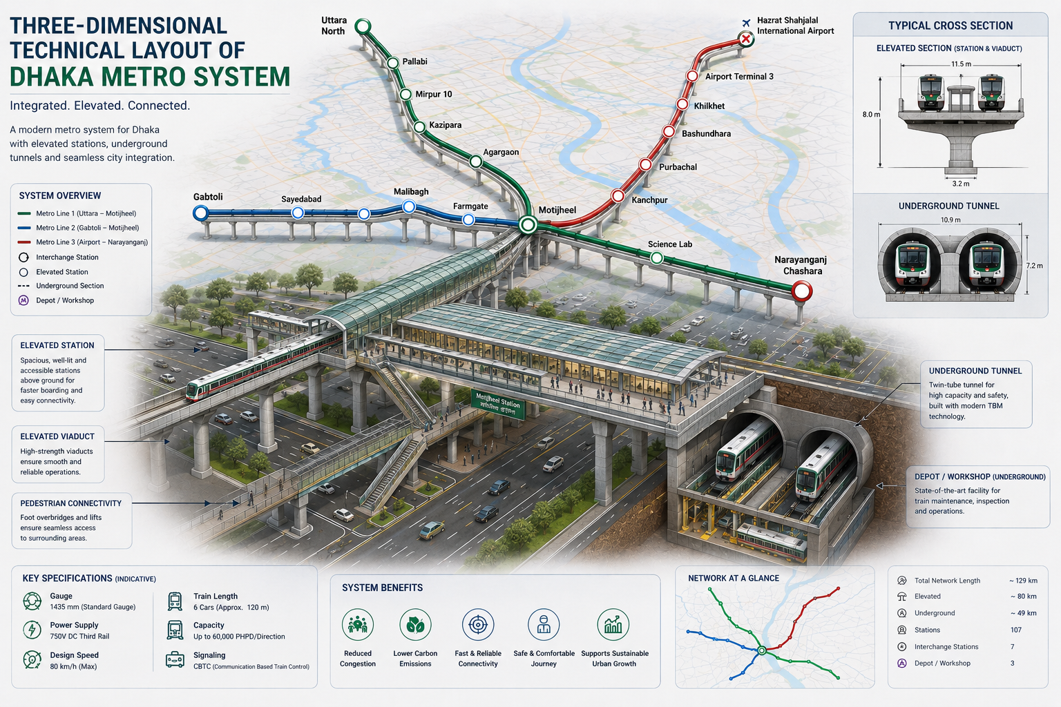 Three-dimensional technical layout of the metro system.