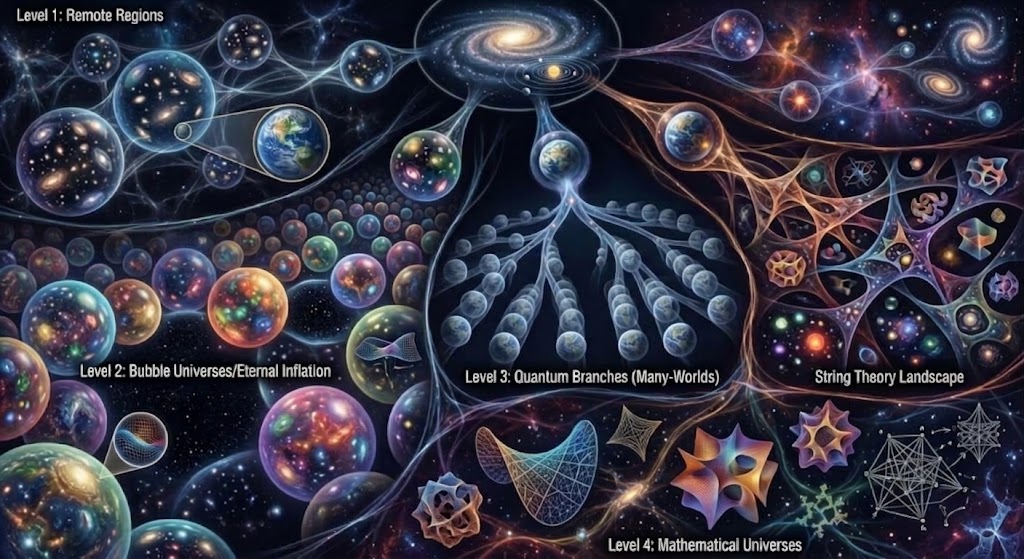A visual representation of the different levels of the multiverse and related scientific ideas
