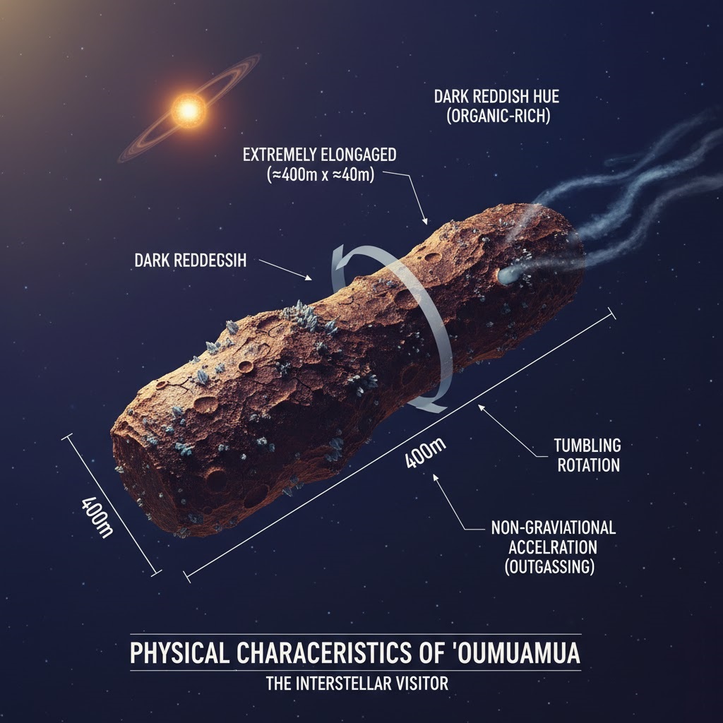 Artist’s concept of ʻOumuamua as a cigar-shaped, reddish interstellar object tumbling through space