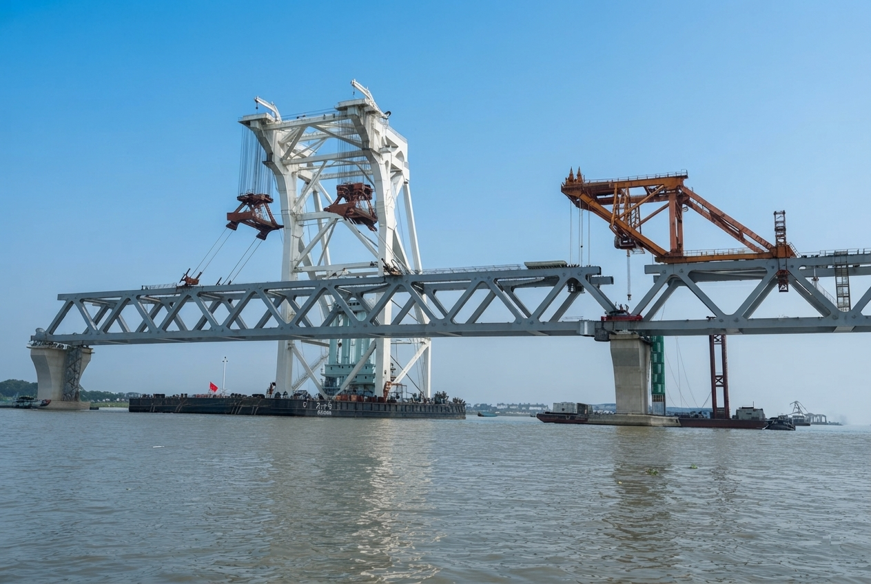 Massive spans being placed on the bridge