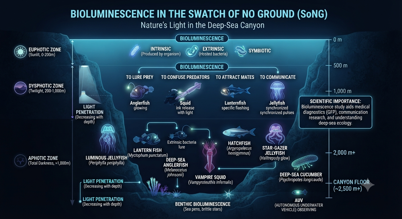 Bioluminescent deep sea organisms in the Swatch of No Ground canyon